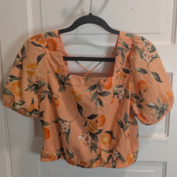LOFT Puffy Sleeve Orange Print Peasant Blouse - Picture 1 of 12